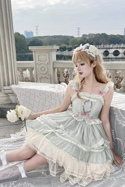 Lolita Jumper Skirt - Floating Light Dance Multi-layer, Green, Lace Trim, Ruffled - additional product view 3