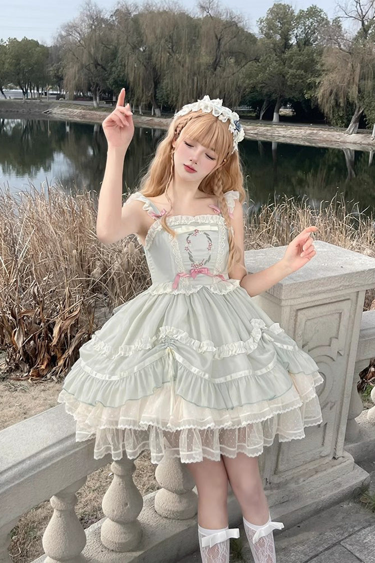 Lolita Jumper Skirt - Floating Light Dance Multi-layer, Green, Lace Trim, Ruffled - additional product view 4