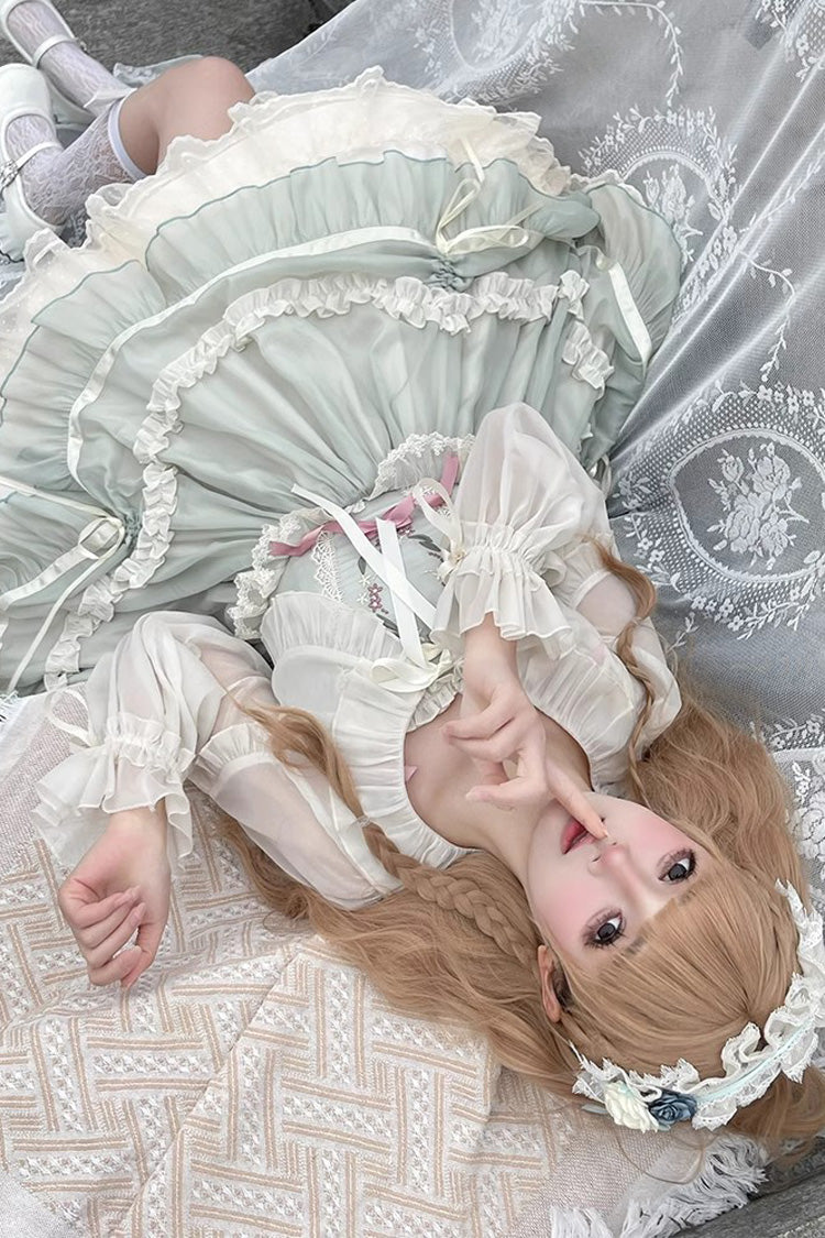 Lolita Jumper Skirt - Floating Light Dance Multi-layer, Green, Lace Trim, Ruffled - additional product view 5