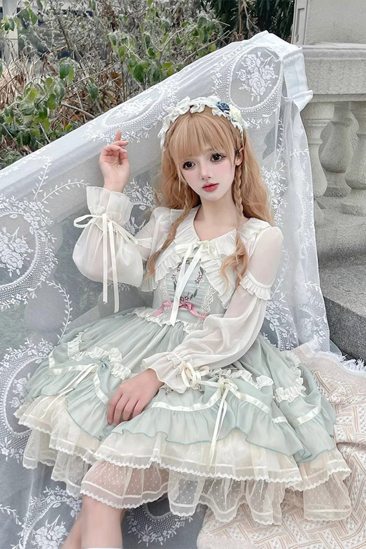 Lolita Jumper Skirt - Floating Light Dance Multi-layer, Green, Lace Trim, Ruffled - additional product view 6