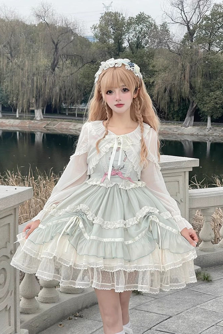 Lolita Jumper Skirt - Floating Light Dance Multi-layer, Green, Lace Trim, Ruffled - main product image