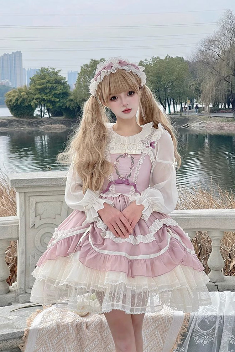 Lolita Jumper Skirt - Floating Light Dance Multi-layer, Pink, Sweet Style, Bow Detail - main product image