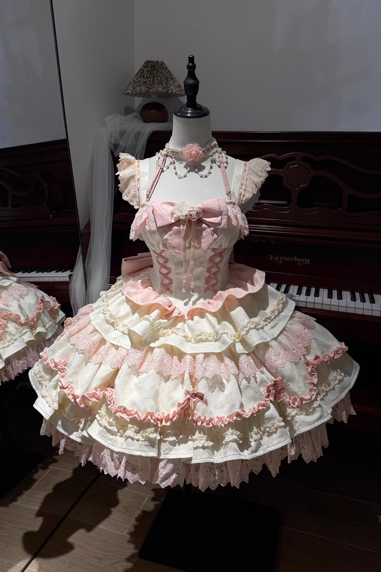 Lolita Jumper Skirt - Floral Bell Dream, 2 Colors, Square Collar, Layered, Lace-Up - main product image