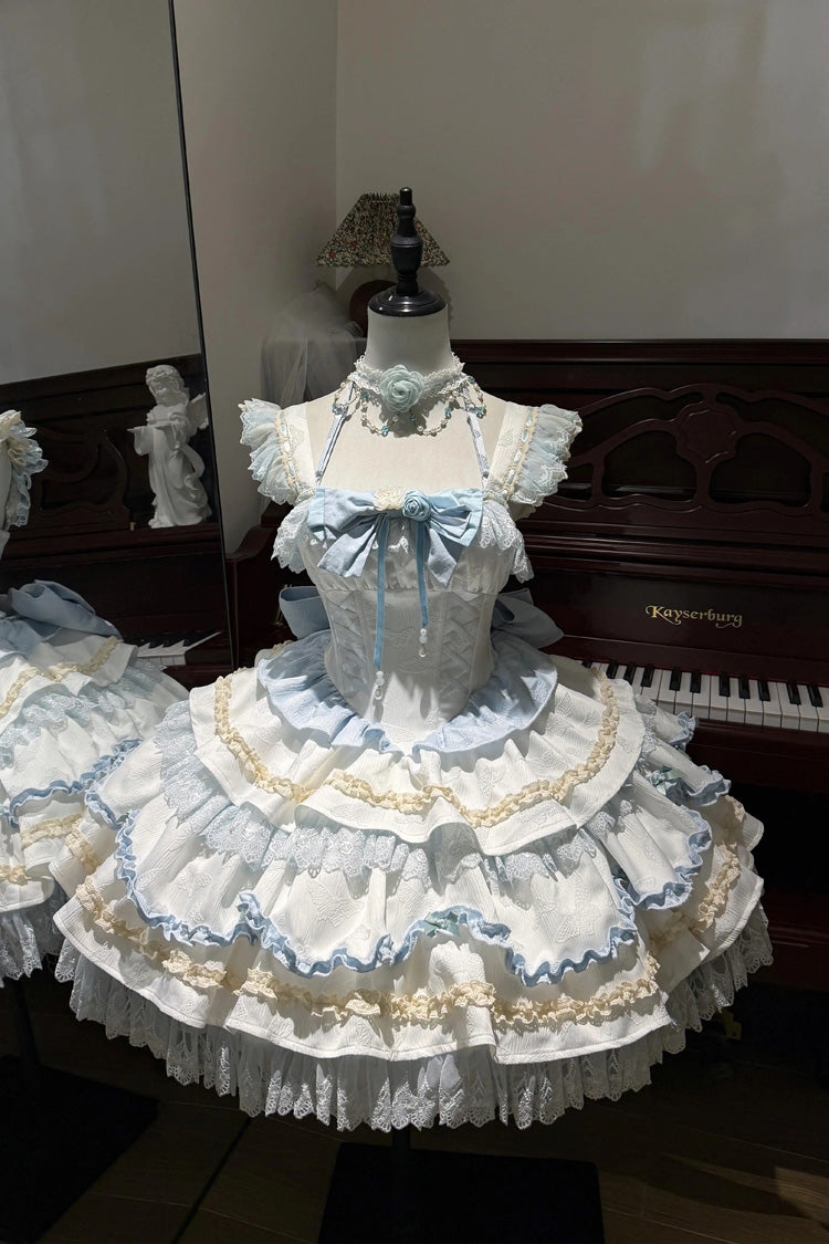 Lolita Jumper Skirt - Floral Bell Dream, 2 Colors, Square Collar, Layered, Lace-Up - XS Blue / S Blue / M Blue option