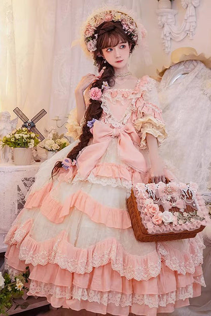 Lolita Jumper Skirt - Floral Garden, Pink, Square Collar, Plus Size, Bow Detail - additional product view 5