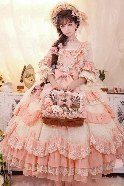 Lolita Jumper Skirt - Floral Garden, Pink, Square Collar, Plus Size, Bow Detail - main product image