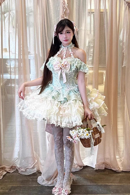 Lolita Jumper Skirt - Flower Language Of Eros, Green, Lace-Up, Halterneck, Sweet Style - additional product view 2