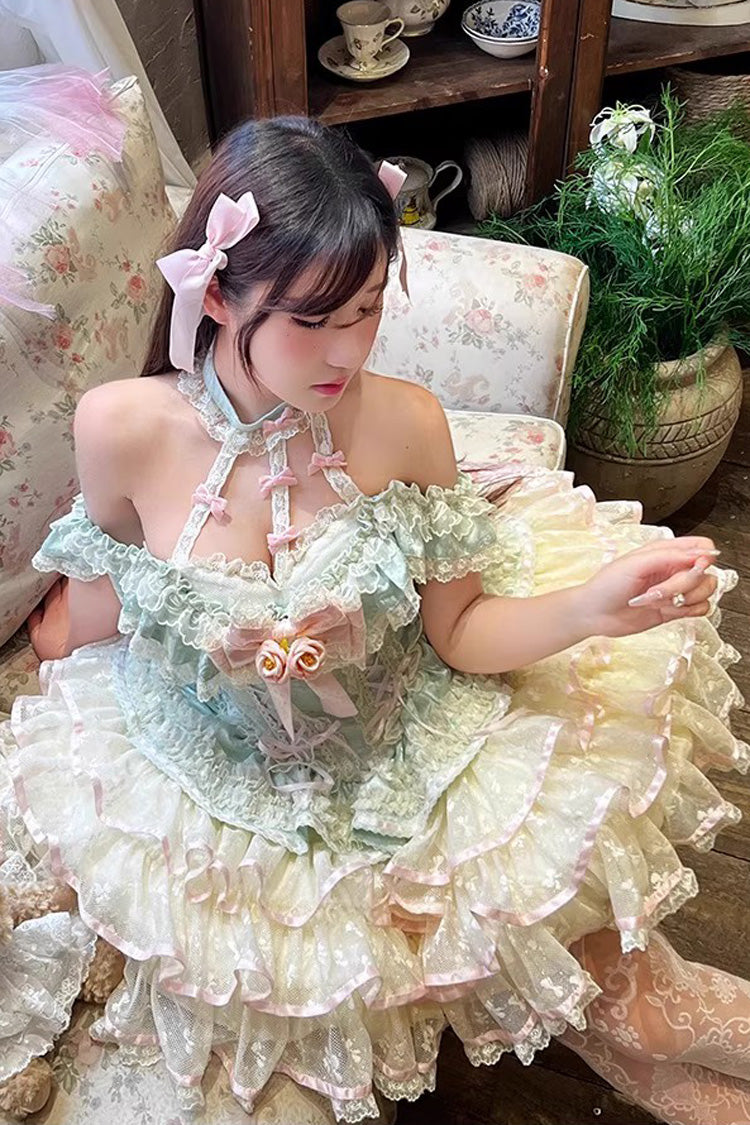Lolita Jumper Skirt - Flower Language Of Eros, Green, Lace-Up, Halterneck, Sweet Style - additional product view 4