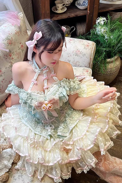 Lolita Jumper Skirt - Flower Language Of Eros, Green, Lace-Up, Halterneck, Sweet Style - additional product view 4