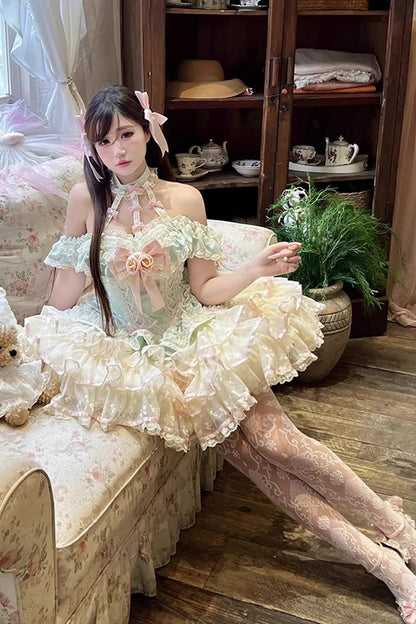 Lolita Jumper Skirt - Flower Language Of Eros, Green, Lace-Up, Halterneck, Sweet Style - additional product view 5