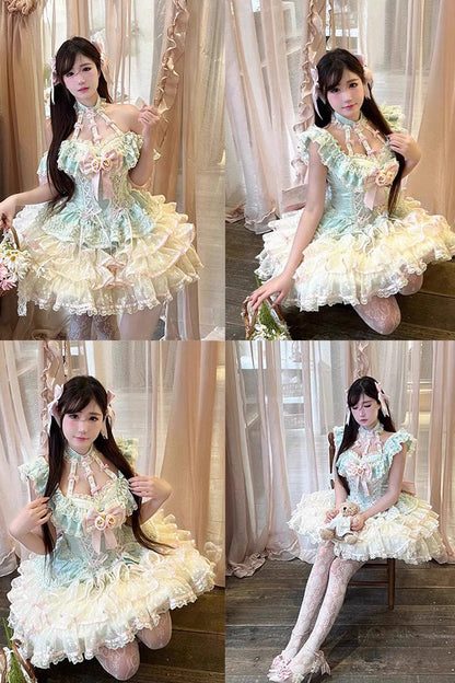 Lolita Jumper Skirt - Flower Language Of Eros, Green, Lace-Up, Halterneck, Sweet Style - additional product view 9