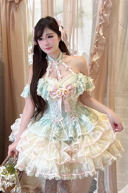 Lolita Jumper Skirt - Flower Language Of Eros, Green, Lace-Up, Halterneck, Sweet Style - main product image