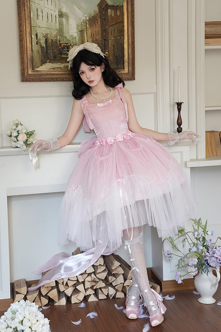 Lolita Jumper Skirt - Foamy Sea, Pink, Ruffled, Sweet Style, Bow Detail - main product image