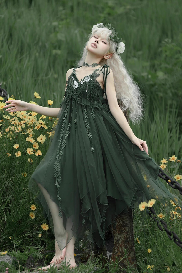 Lolita Jumper Skirt - Forestry Asymmetric Hem, Green, Bow Detail, Sweet Style - additional product view 2