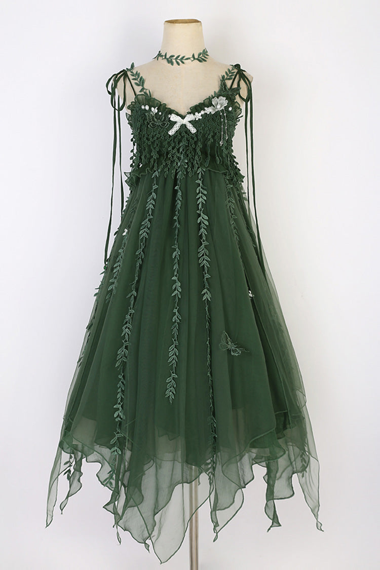 Lolita Jumper Skirt - Forestry Asymmetric Hem, Green, Bow Detail, Sweet Style - additional product view 3