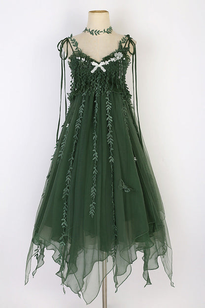 Lolita Jumper Skirt - Forestry Asymmetric Hem, Green, Bow Detail, Sweet Style - additional product view 3