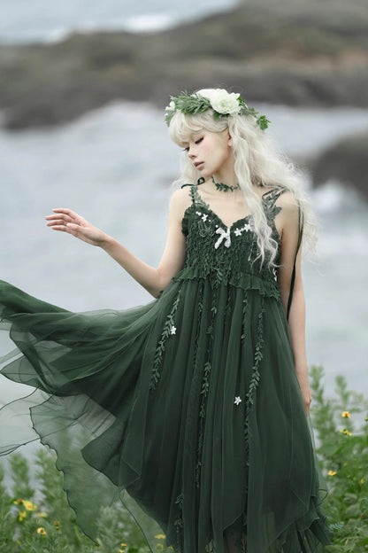 Lolita Jumper Skirt - Forestry Asymmetric Hem, Green, Bow Detail, Sweet Style - additional product view 5