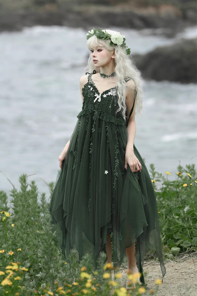 Lolita Jumper Skirt - Forestry Asymmetric Hem, Green, Bow Detail, Sweet Style - main product image