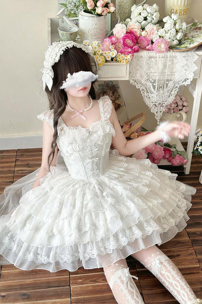 Lolita Jumper Skirt - From Broken Wings To Rebirth, White, Layered, Lace-Up, Gothic Style - additional product view 5