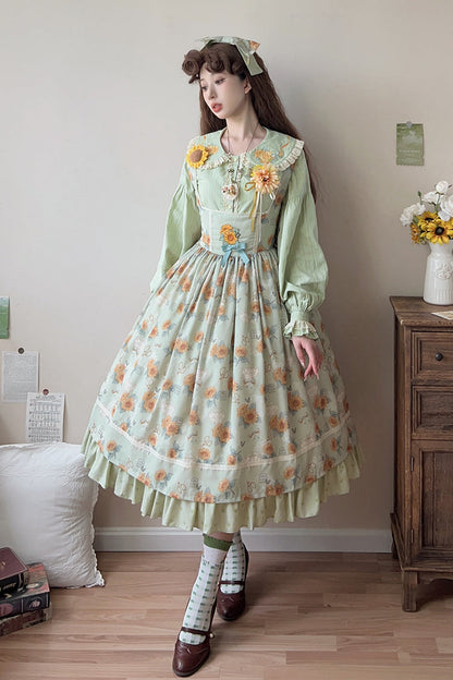 Lolita Jumper Skirt - Gardening Sunflower, Green, Ruffled, Printed, Sweet Style - additional product view 2