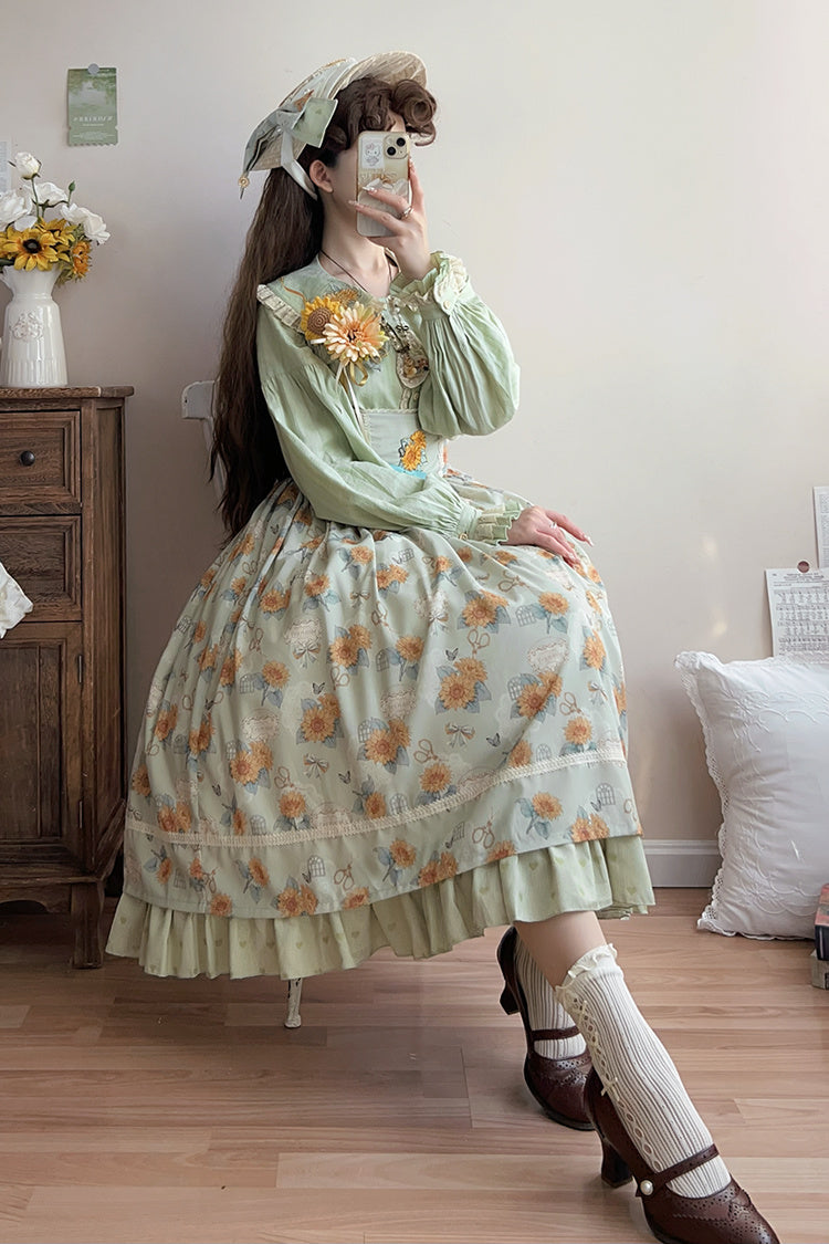 Lolita Jumper Skirt - Gardening Sunflower, Green, Ruffled, Printed, Sweet Style - additional product view 4