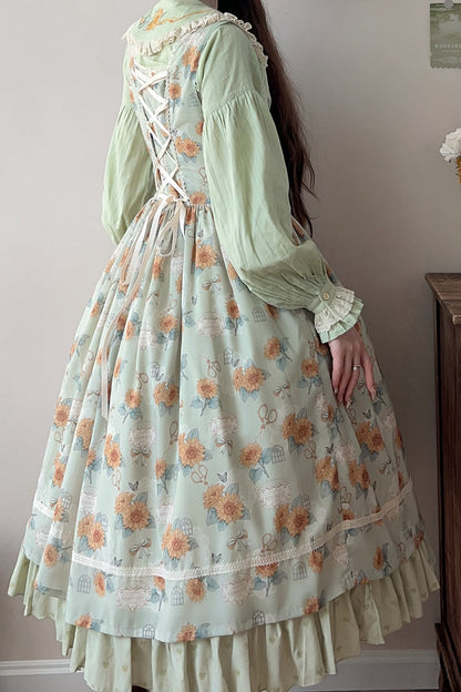 Lolita Jumper Skirt - Gardening Sunflower, Green, Ruffled, Printed, Sweet Style - additional product view 5