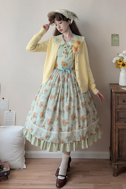 Lolita Jumper Skirt - Gardening Sunflower, Green, Ruffled, Printed, Sweet Style - additional product view 6