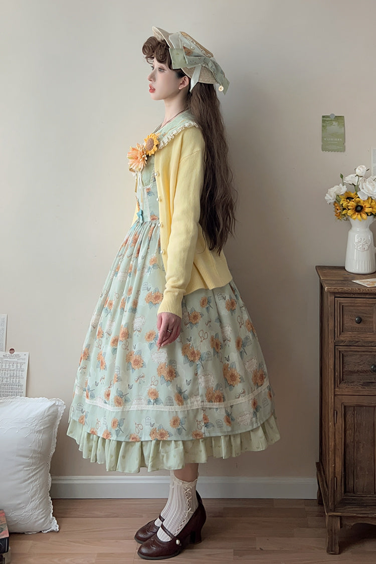Lolita Jumper Skirt - Gardening Sunflower, Green, Ruffled, Printed, Sweet Style - additional product view 7