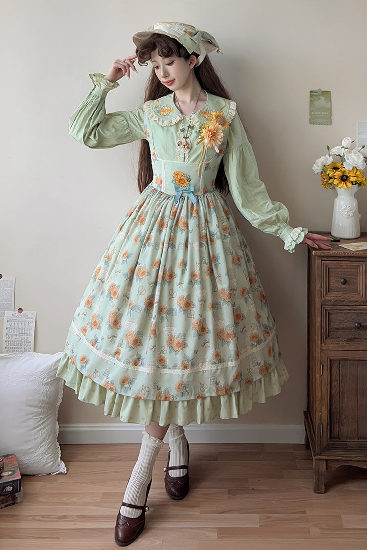 Lolita Jumper Skirt - Gardening Sunflower, Green, Ruffled, Printed, Sweet Style - main product image
