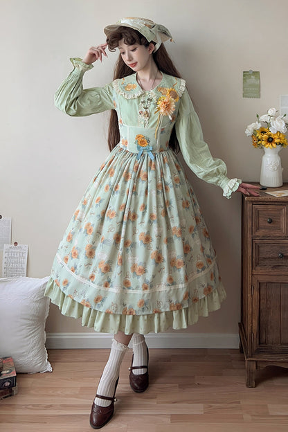 Lolita Jumper Skirt - Gardening Sunflower, Green, Ruffled, Printed, Sweet Style - main product image