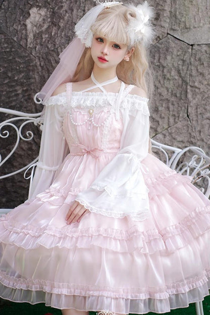 Lolita Jumper Skirt - Gauze Romance Multi-layer, Pink, Bow Detail, Ruffled, Sweet Style - additional product view 7