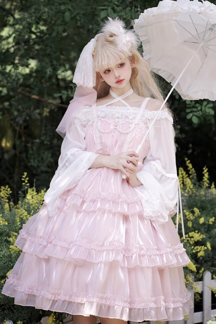 Lolita Jumper Skirt - Gauze Romance Multi-layer, Pink, Bow Detail, Ruffled, Sweet Style - main product image