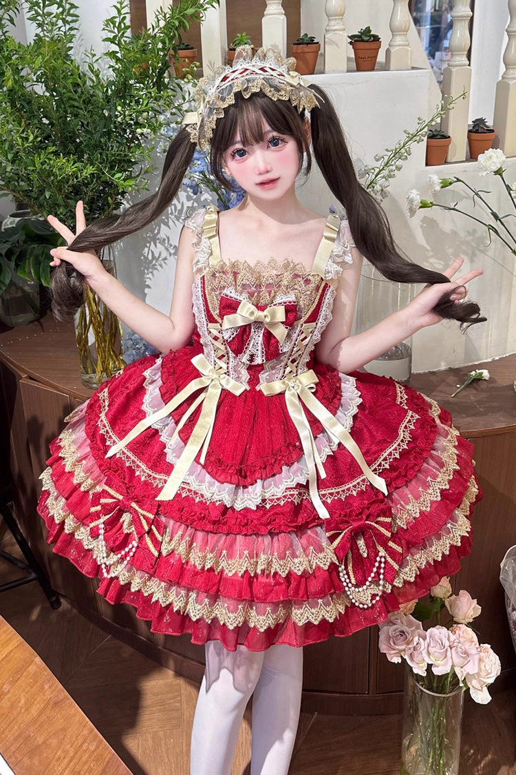 Lolita Jumper Skirt - Gilded Memories, Red, Bow Detail, Lace Trim, Ruffled - additional product view 2