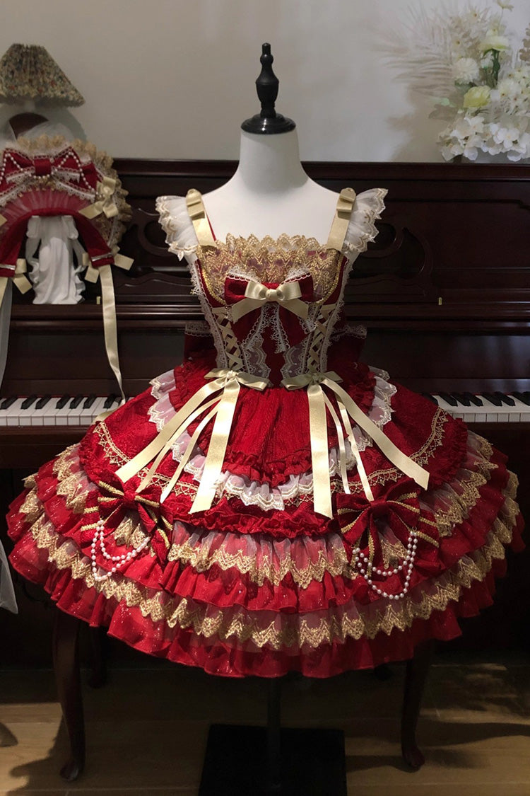 Lolita Jumper Skirt - Gilded Memories, Red, Bow Detail, Lace Trim, Ruffled - additional product view 3