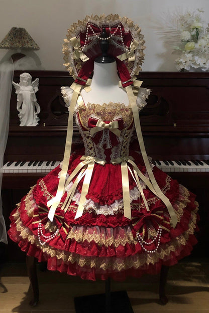 Lolita Jumper Skirt - Gilded Memories, Red, Bow Detail, Lace Trim, Ruffled - additional product view 4