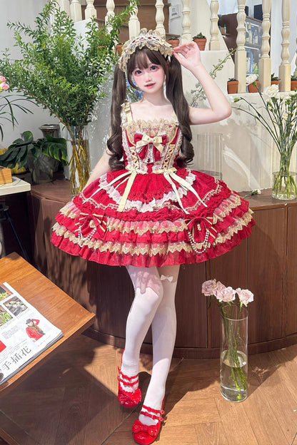 Lolita Jumper Skirt - Gilded Memories, Red, Bow Detail, Lace Trim, Ruffled - additional product view 5
