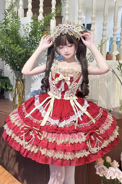 Lolita Jumper Skirt - Gilded Memories, Red, Bow Detail, Lace Trim, Ruffled - additional product view 7