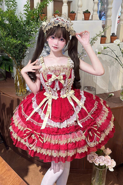 Lolita Jumper Skirt - Gilded Memories, Red, Bow Detail, Lace Trim, Ruffled - main product image