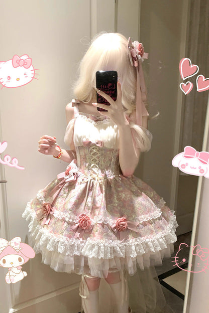 Lolita Jumper Skirt - Girl's Garden Multi-layer, 2 Colors, Bow Detail, Ruffled - XS Pink / S Pink / M Pink option