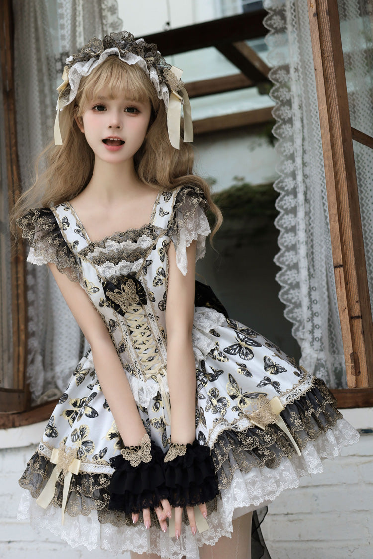 Lolita Jumper Skirt - Golden Spirit • Dream Butterfly, Gold, Lace Trim, Ruffled, Printed - additional product view 3