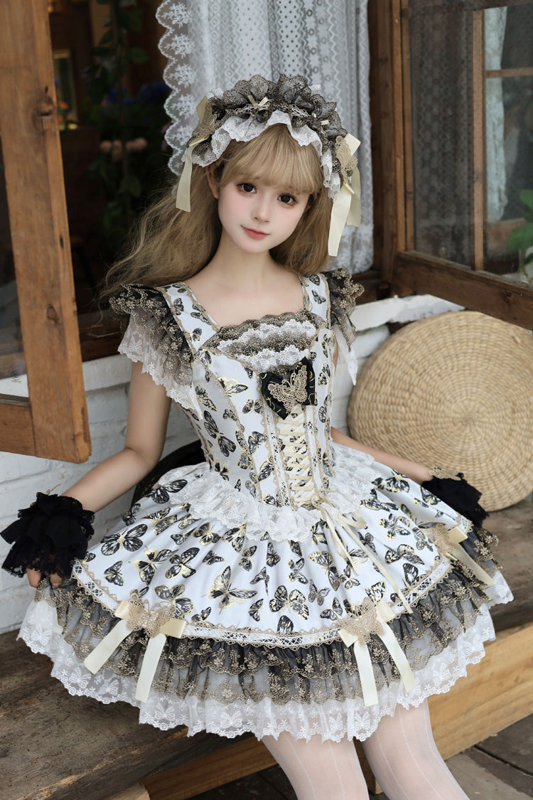 Lolita Jumper Skirt - Golden Spirit • Dream Butterfly, Gold, Lace Trim, Ruffled, Printed - additional product view 5