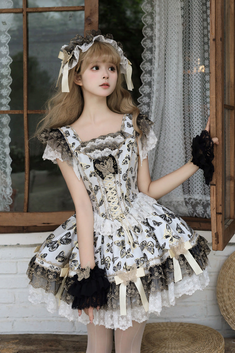 Lolita Jumper Skirt - Golden Spirit • Dream Butterfly, Gold, Lace Trim, Ruffled, Printed - additional product view 6