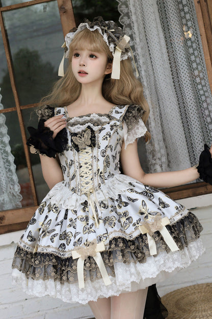 Lolita Jumper Skirt - Golden Spirit • Dream Butterfly, Gold, Lace Trim, Ruffled, Printed - additional product view 7