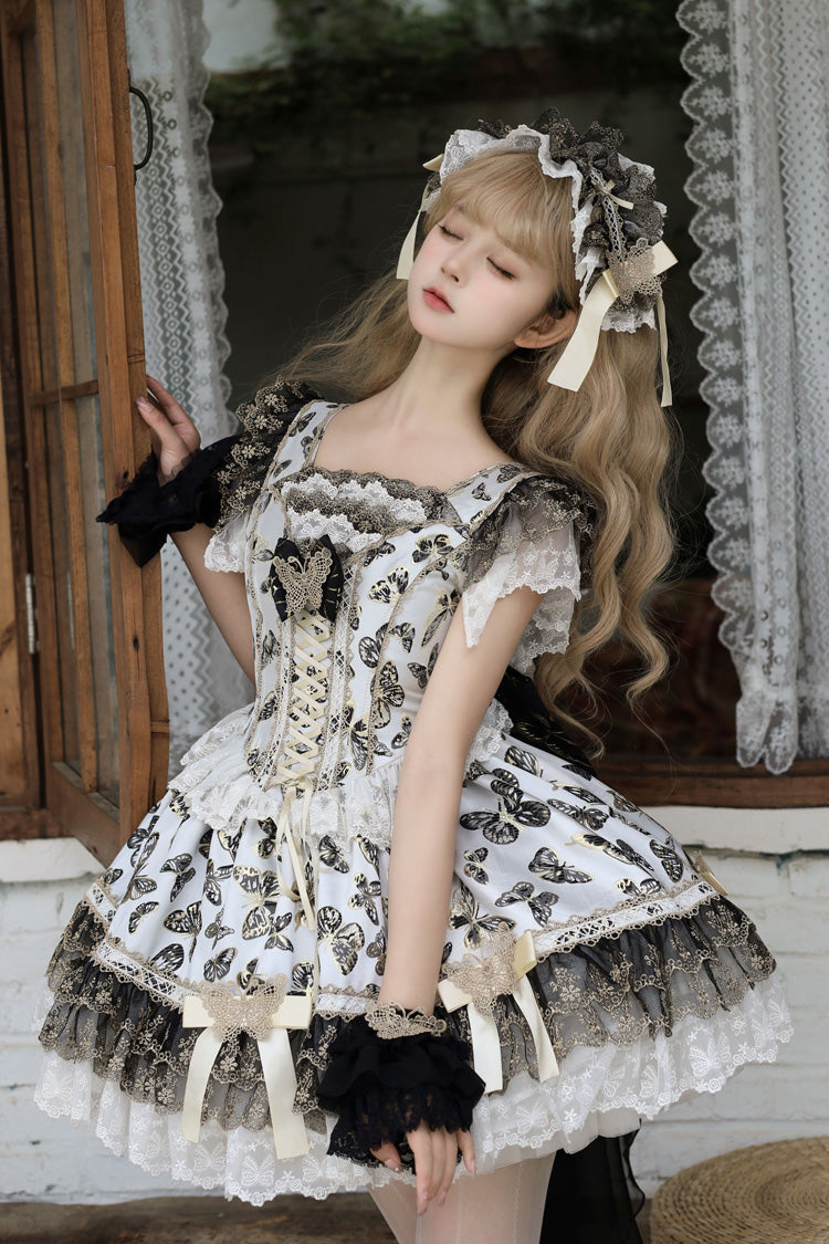 Lolita Jumper Skirt - Golden Spirit • Dream Butterfly, Gold, Lace Trim, Ruffled, Printed - additional product view 8