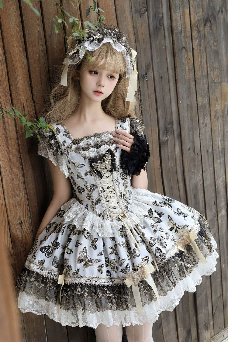 Lolita Jumper Skirt - Golden Spirit • Dream Butterfly, Gold, Lace Trim, Ruffled, Printed - additional product view 9
