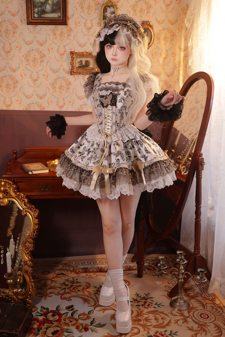 Lolita Jumper Skirt - Golden Spirit • Dream Butterfly, Gold, Lace Trim, Ruffled, Printed - additional product view 13