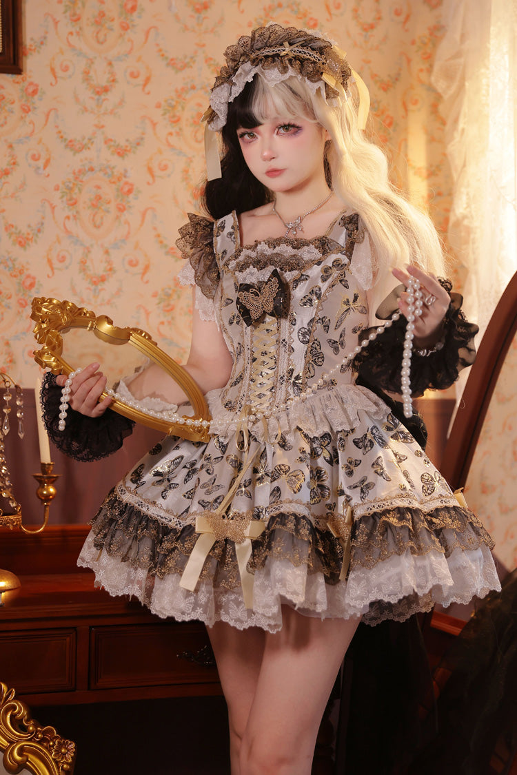 Lolita Jumper Skirt - Golden Spirit • Dream Butterfly, Gold, Lace Trim, Ruffled, Printed - additional product view 14