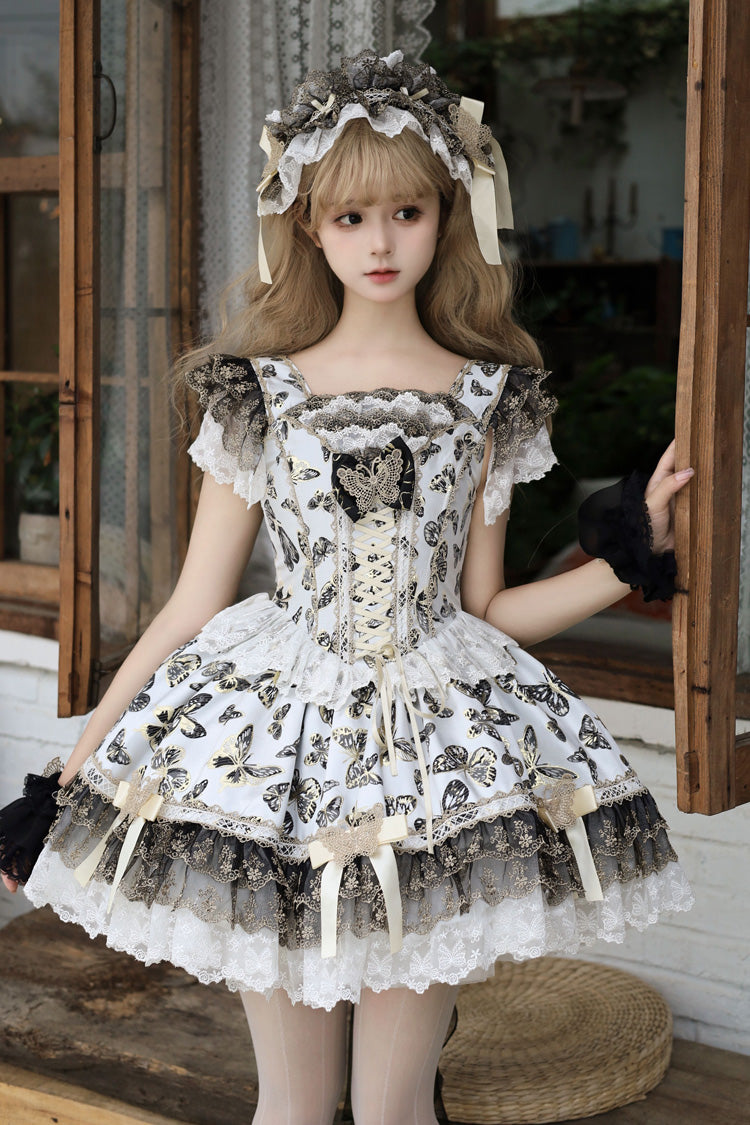 Lolita Jumper Skirt - Golden Spirit • Dream Butterfly, Gold, Lace Trim, Ruffled, Printed - main product image