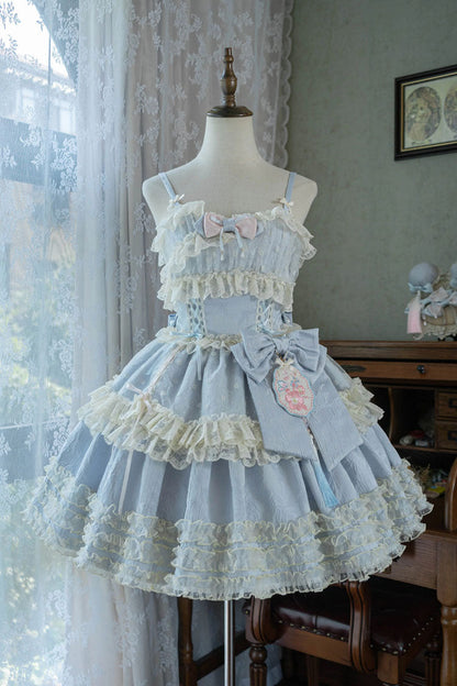 Lolita Jumper Skirt - Good Night, Peach, 3 Colors, Layered, Sweet Style - XS Blue / S Blue / M Blue option