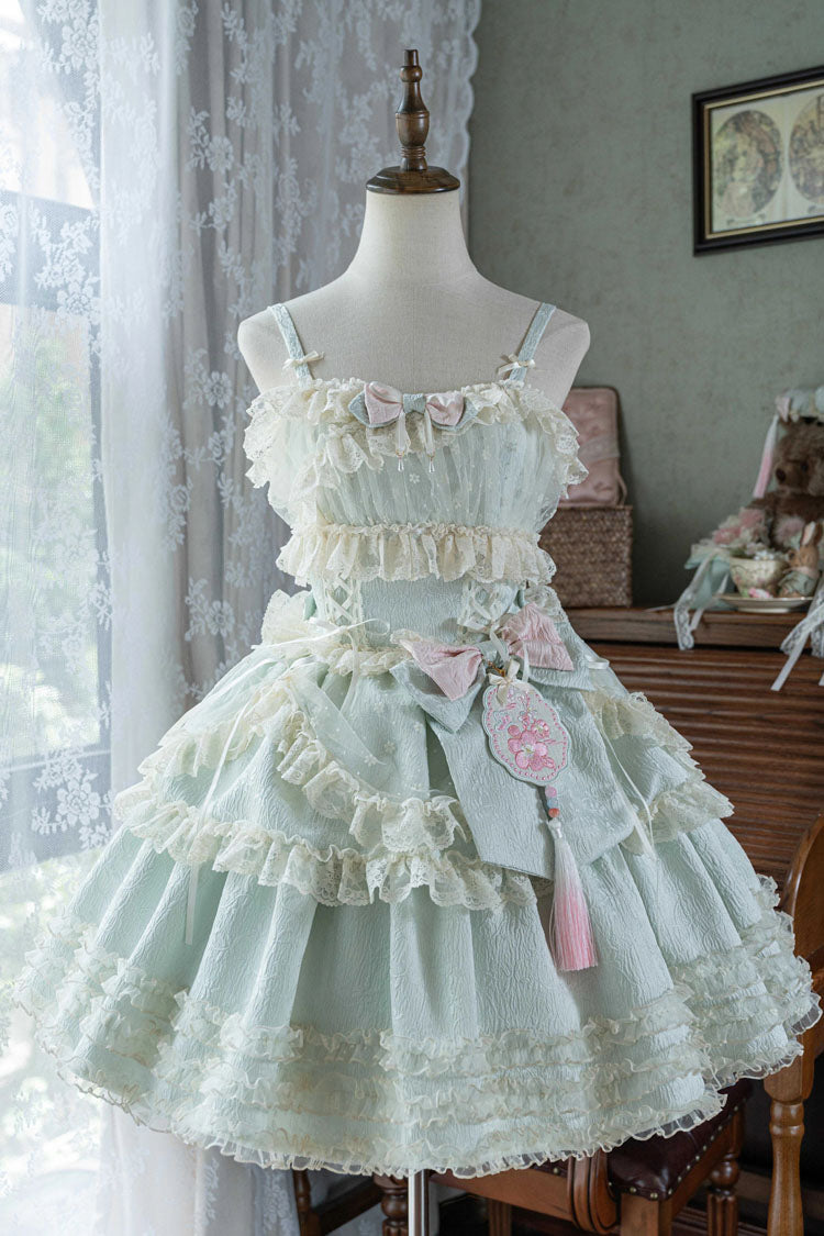 Lolita Jumper Skirt - Good Night, Peach, 3 Colors, Layered, Sweet Style - XS Green / S Green / M Green option